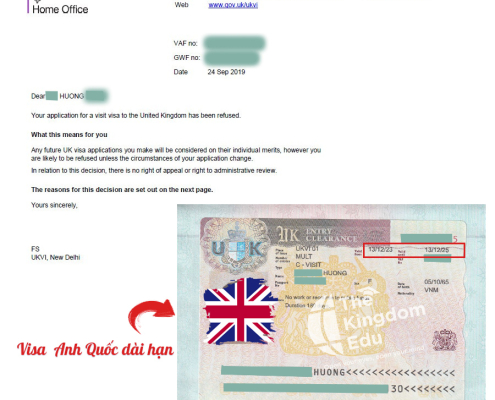 Thư từ chối và visa Anh quốc dài hạn 02 năm của cô Hương