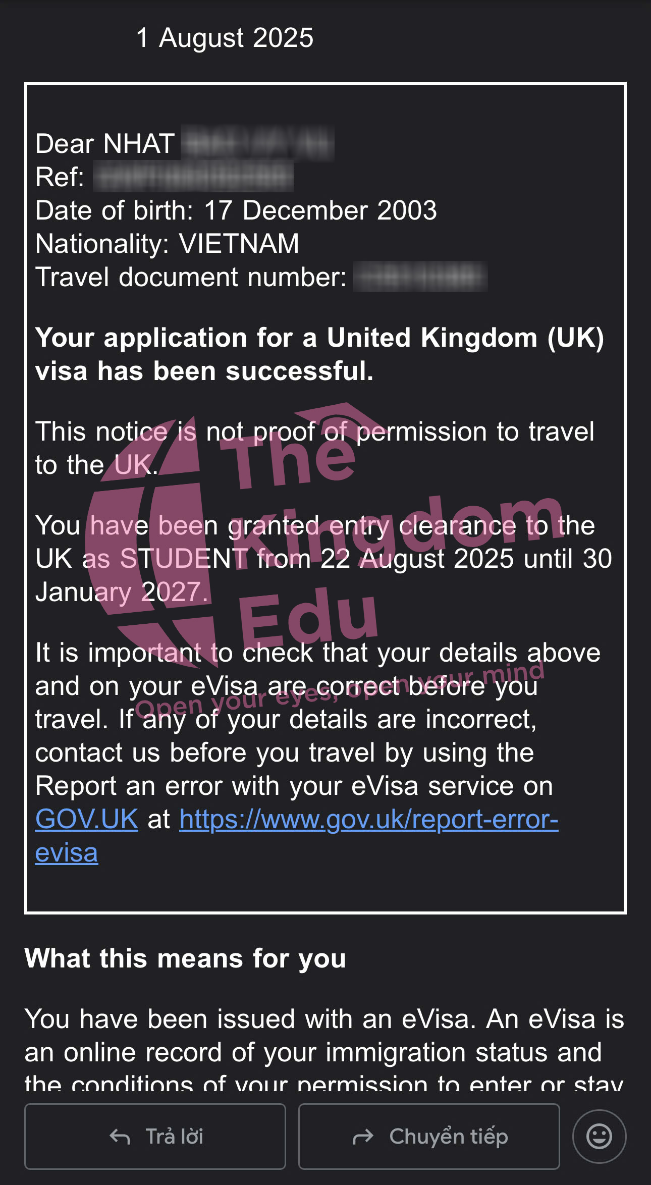 Thông báo từ ĐSQ về việc học sinh được chấp thuận cấp visa du học