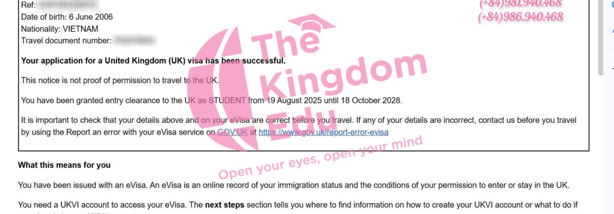 Visa du học Anh Quốc củ a bạn T với sự đồng hành của The Kingdom Edu