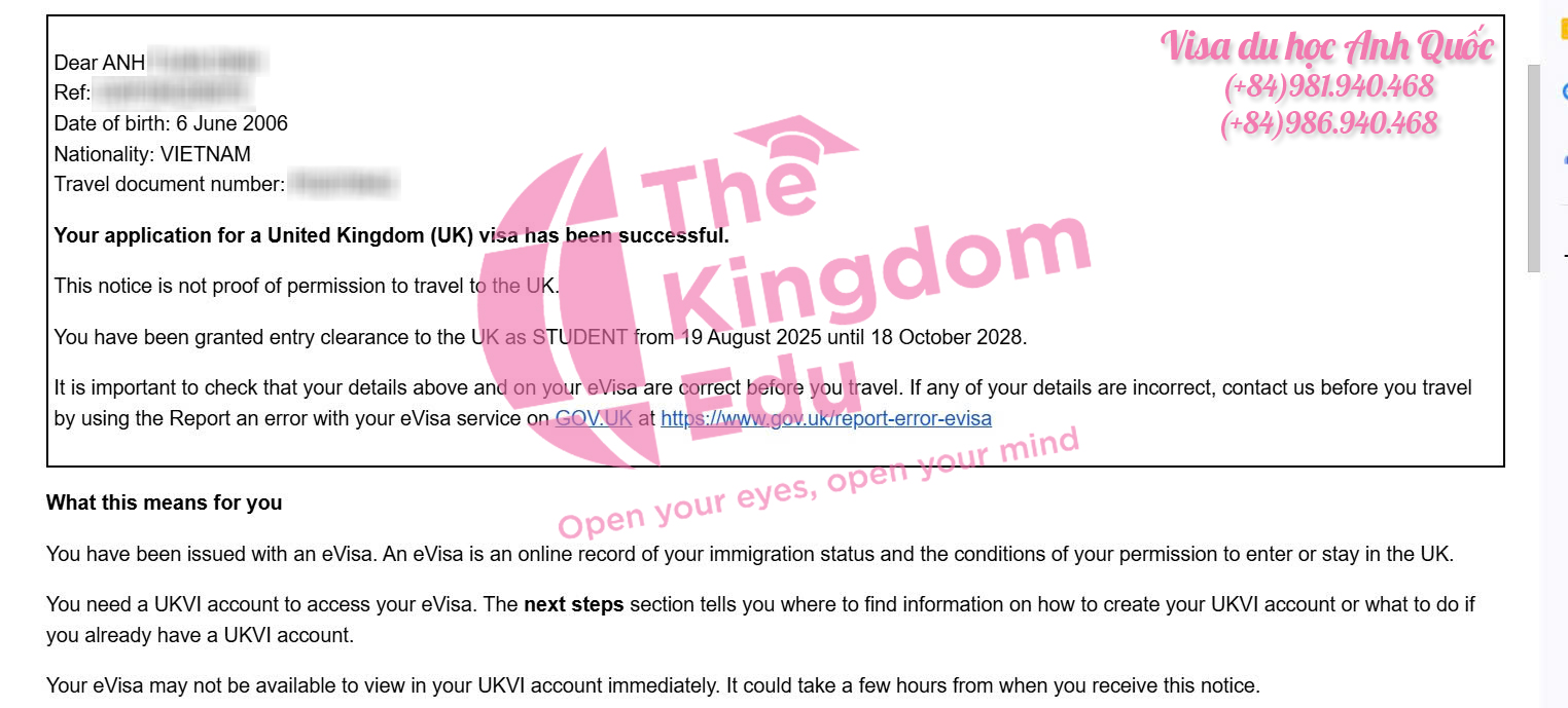 Visa du học Anh Quốc củ a bạn T với sự đồng hành của The Kingdom Edu