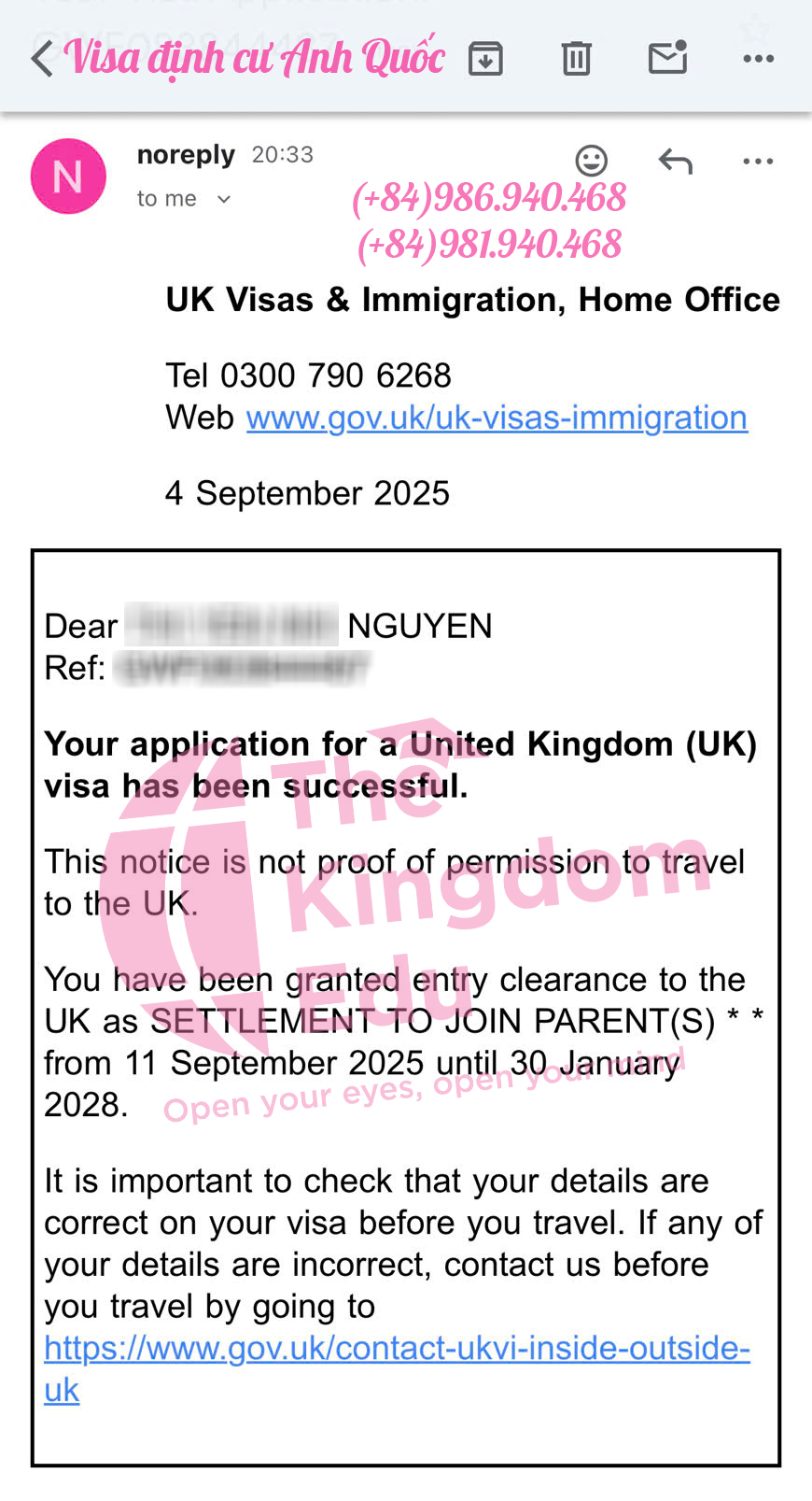 Chúc mừng bé N nhận visa định cư Anh Quốc diện bố/mẹ bảo lãnh