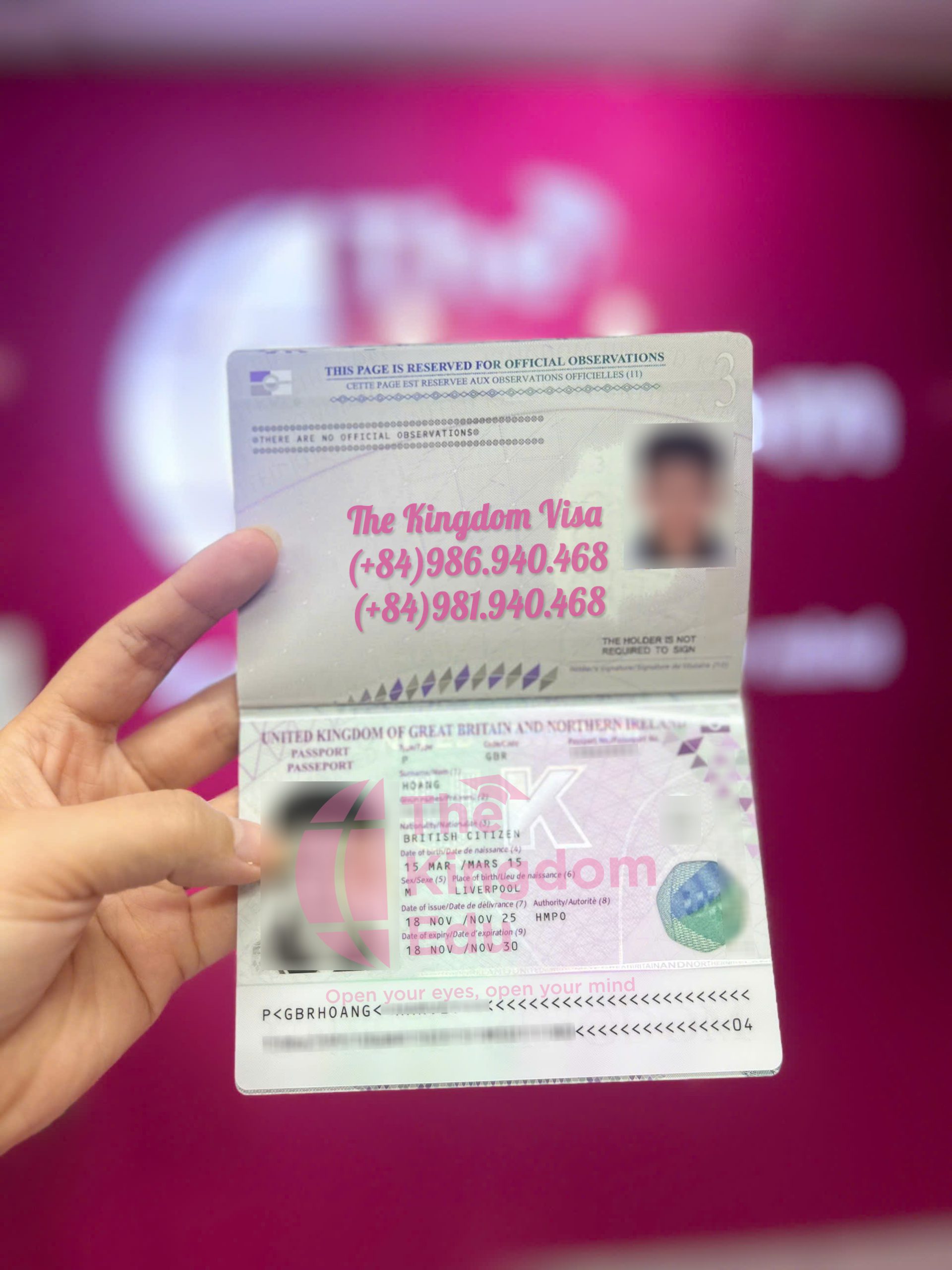 Hộ chiếu UK của khách hàng The Kingdom