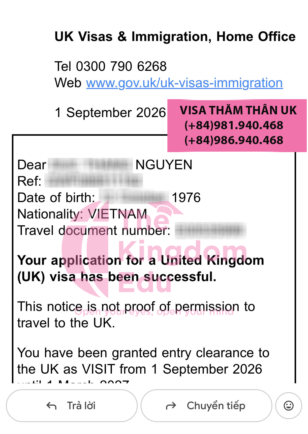 Visa thăm thân, du lịch Anh Quốc của anh nhận sau 2 tuần nộp hồ sơ